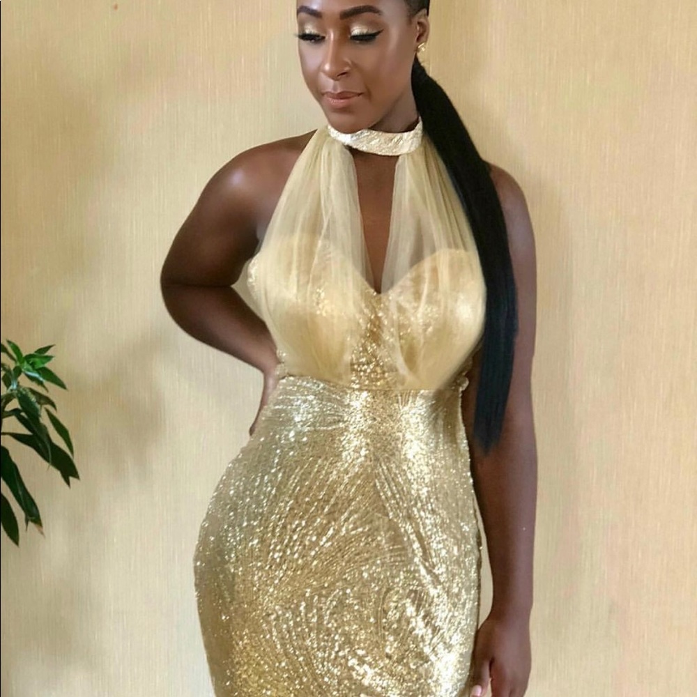 Gold sequin halterneck maxi gown